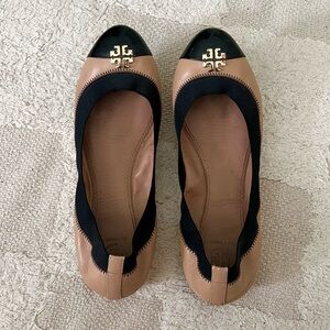 Tory Burch Black and Tan Flats with Gold Accent